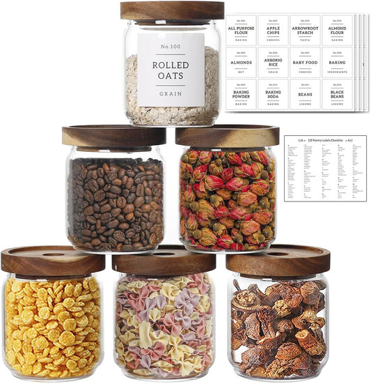 16 OZ Stackable Glass Food Storage Jars with 132 Pantry Labels Preprinted - 6 Pcs Thicken Glass Storage Containers with