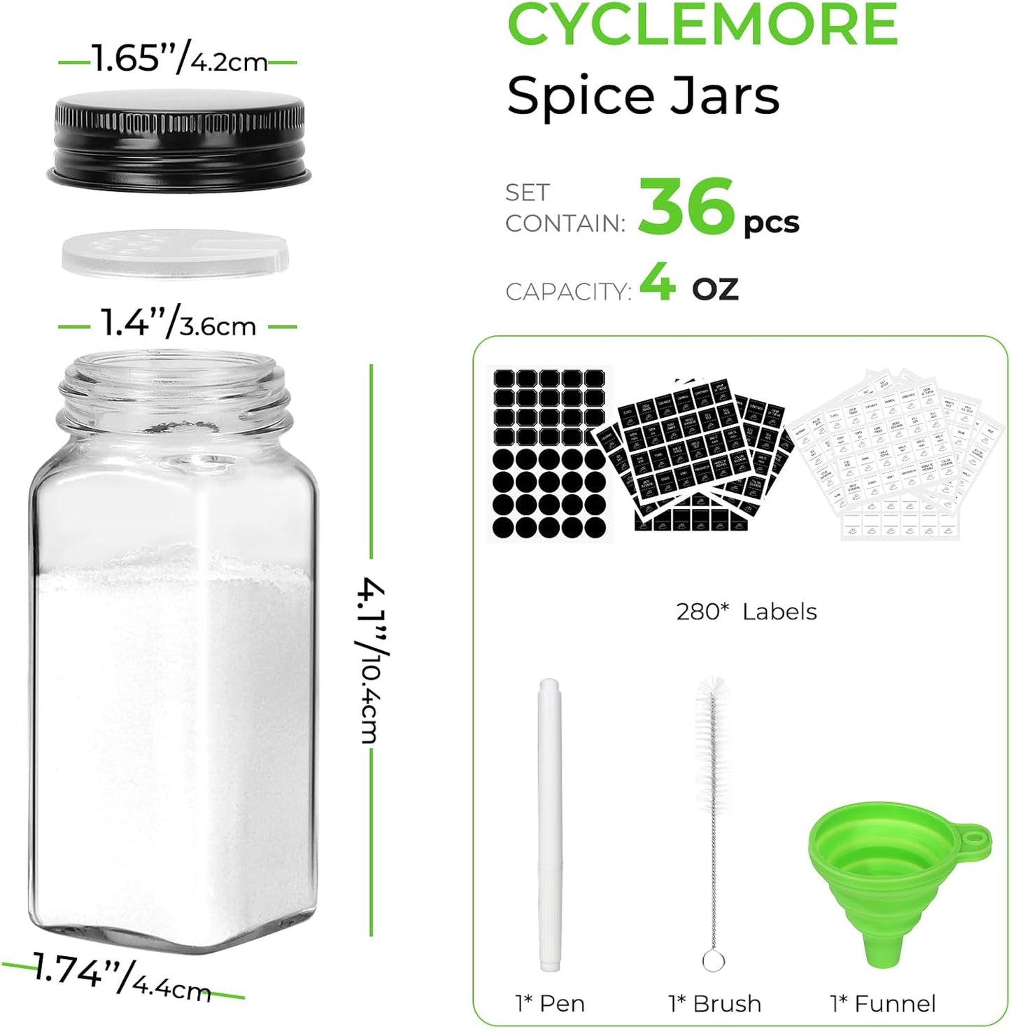 CycleMore 36 Pack 4oz Glass Spice Jars with Black Metal Caps &amp; Shaker Lid
