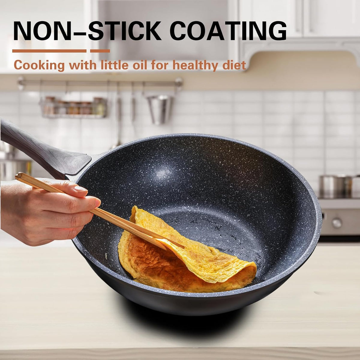 Nonstick Wok with Lid, 12 Inch Woks & Stir-fry Pans, Healthy Coating Induction Cookware, Compatible with All Stovetops, PFOA Free (Cream White)