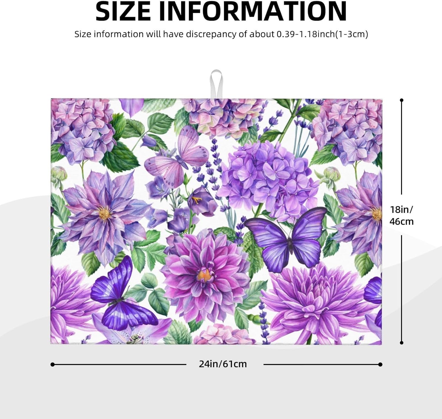 Purple Hydrangea Flowers Dish Drying Mat,Butterfly Floral Drying Rack Pad Countertop Dishes Ultra Absorbent Microfiber