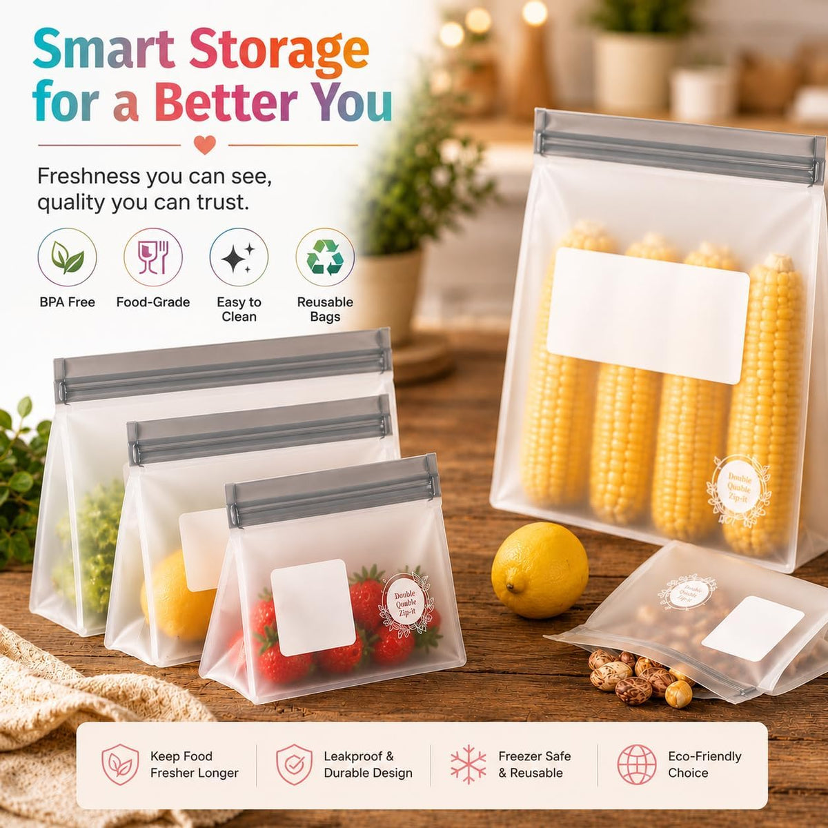 Reusable Silicone Food Storage Bags – 6-Pack Stand-Up, BPA-Free, Freezer, Dishwasher Safe & Eco-Friendly – 6 Gallon Bags – Airtight Leakproof, Organization and Storage Baggies (Grey)