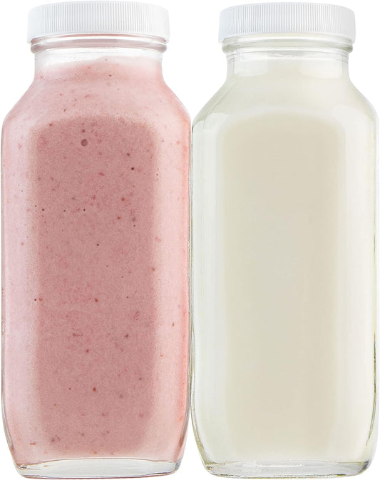 kitchentoolz 16oz Square Glass Milk Bottles with Airtight Plastic Lids – Pack of 4 | Reusable Milk Containers for Fridge &