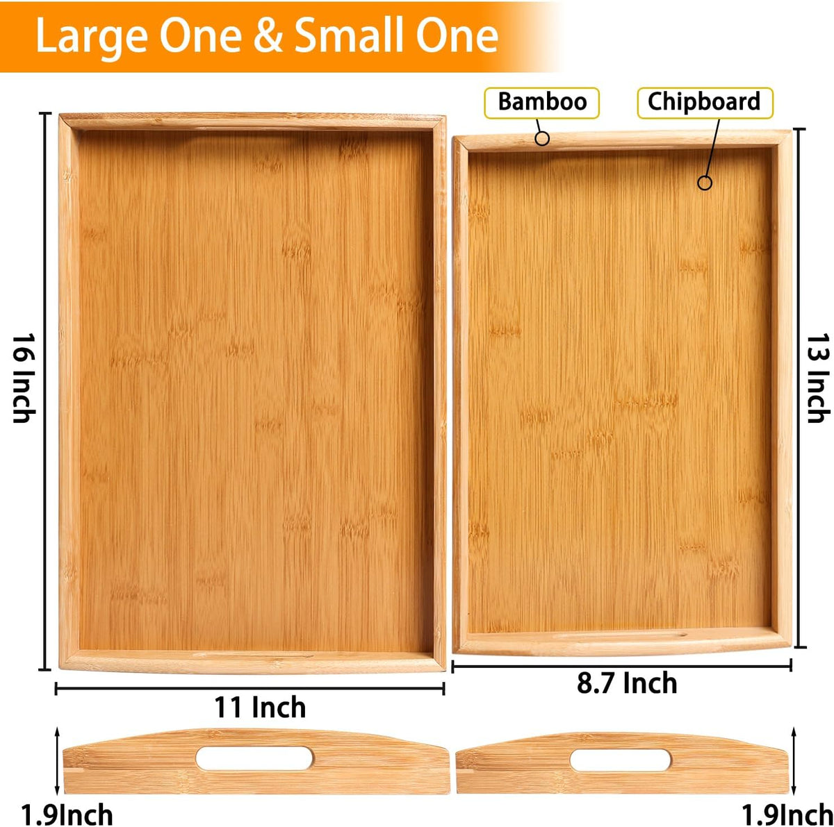 2-Pack Bamboo Serving Trays with Handles, 16" and 13", Decorative Food Tray Set for Breakfast, Coffee, Tea, Snacks, Ideal for Coffee Table, Ottoman, Living Room &amp; Kitchen