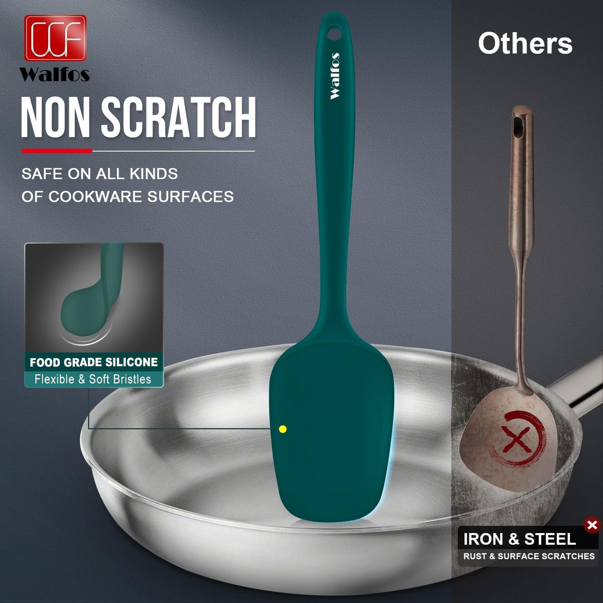 Walfos Silicone Spatula Set of 5 - (600°F) High Heat Resistant Dark Green Kitchen Scraper Spatulas, One-Pieces Seamless Design, Perfect for Cooking Mixing &amp; Baking - BPA Free and Dishwasher Safe