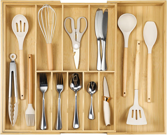 Fabsome Silverware Organizer for Cabinet Drawer, Expandable from 16.7'' to 30'' Wide Bamboo Wood Flatware Tray for Large