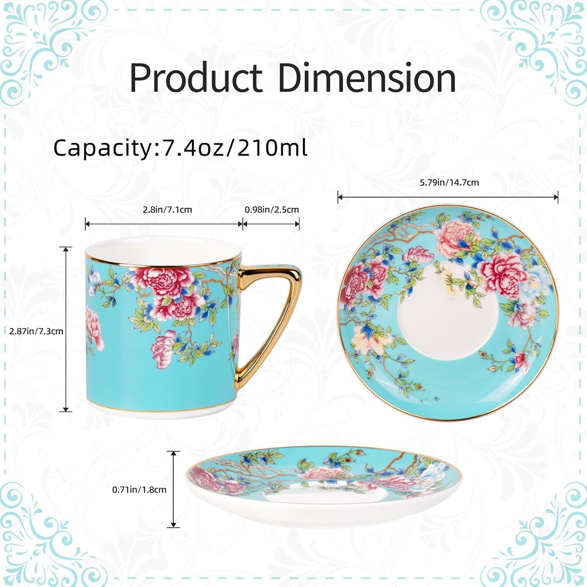 KAMMAK Tea Cup and Saucer, Ceramic Coffee Cups, 7.5 oz, Set of 2 | Porcelain Tea Cups with Saucers for Coffee and Cappuccino, Ideal for Breakfast, Afternoon Tea and Entertaining,633+634N