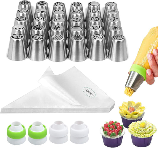 Suuker Russian Piping Tips, 134 Pieces Piping Bags and Tips Set, Frosting Piping Kit with 30 Large Piping Tips, 100 Icing