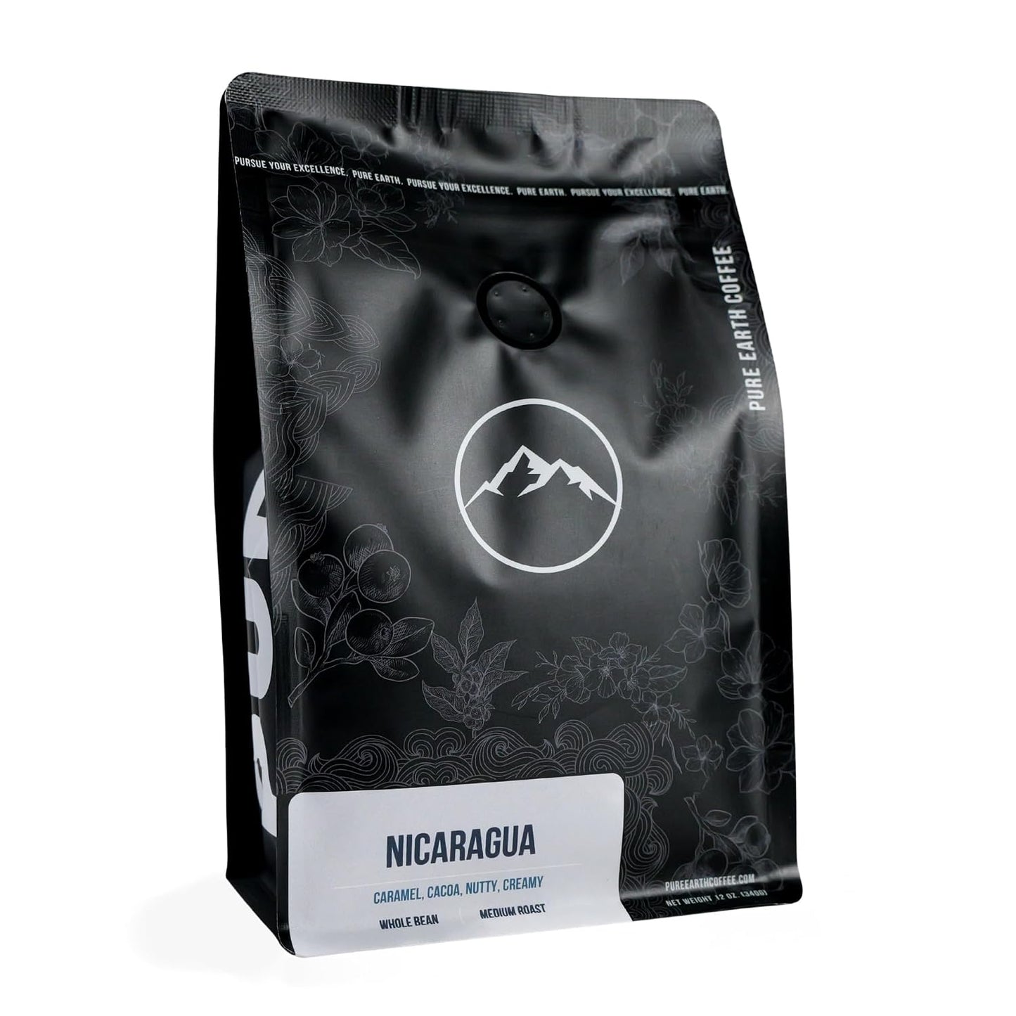 PURE EARTH COFFEE CO. Whole Bean Coffee, Nicaragua Single-Origin Beans, Medium Roast, Low Acid Gourmet Specialty Grade Coffee, Caramel, Chocolate, Nutty Flavor Notes 12oz
