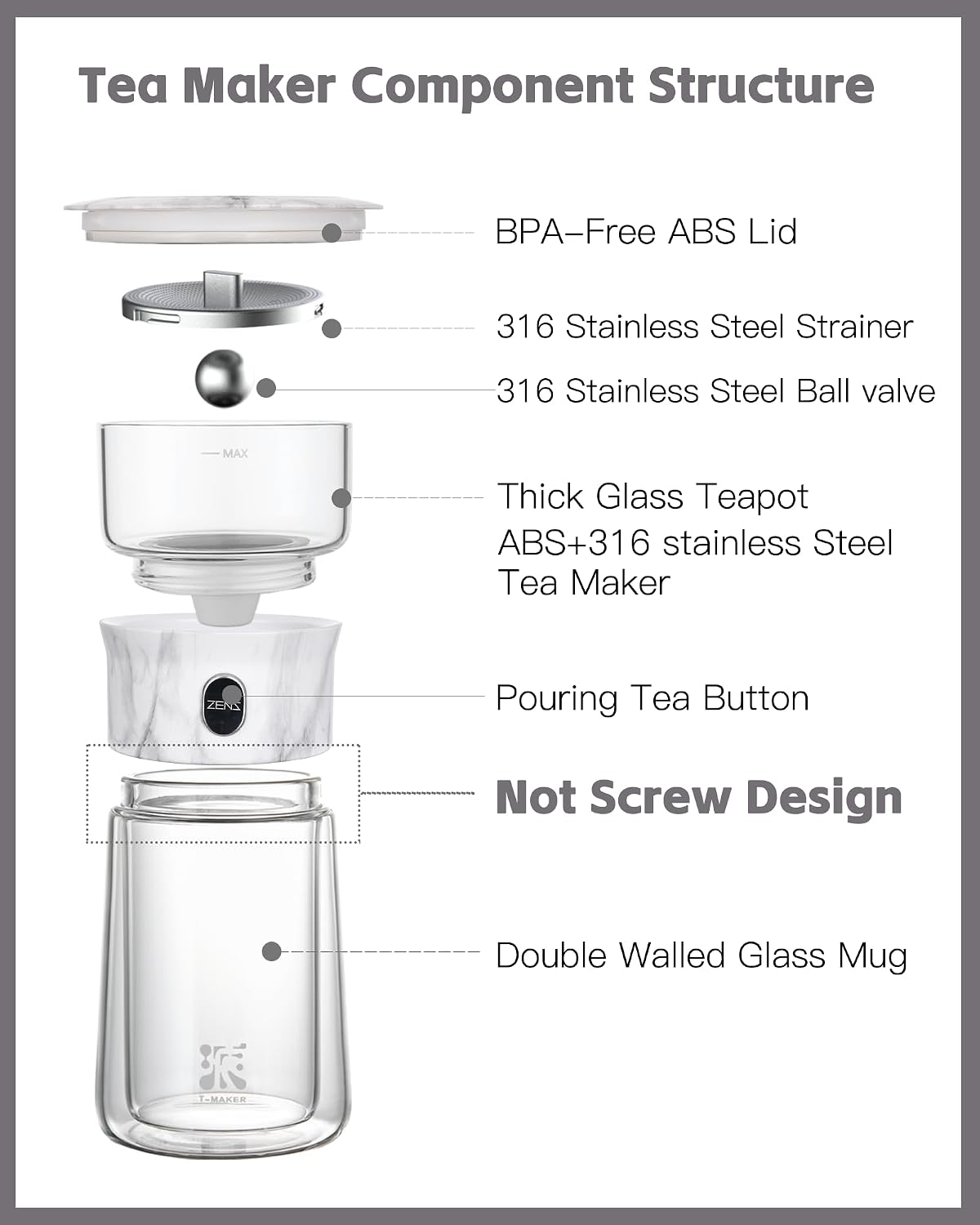 ZENS Modern One Touch Tea Maker, Glass Tea Infuser Pot for Loose Leaf Tea | Magic Teapot, Modern Tea Diffusers with 9oz Insulated Mug and Portable Bag for Tea Lovers Gifts, Marble
