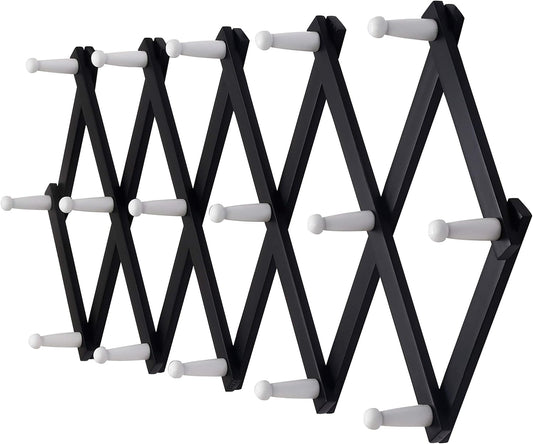 Dseap Accordian Wall Hanger: Wooden Coat Rack Wall Mounted, Hat Racks for Baseball Caps, Mug Rack, 16 Peg Hooks, Black &