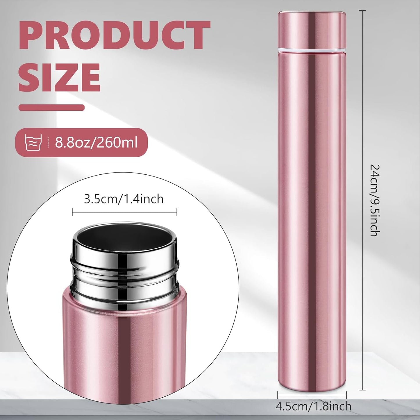 Vesici 1 Pack Rose Gold Slim Stainless Steel Water Bottle 8.8 oz