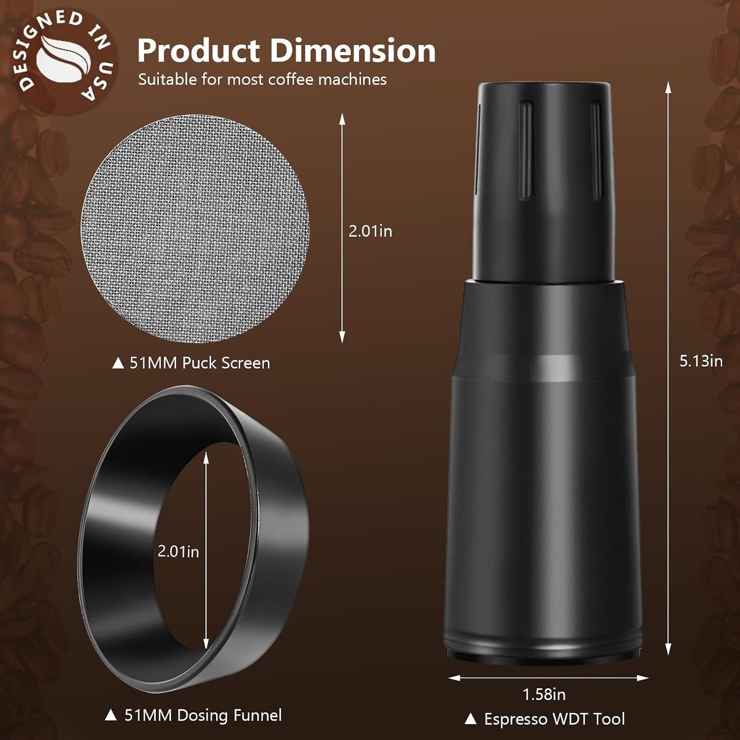 WDT Tool Espresso Distributor Accessory kit &amp;1.7mm Thickness 150μm Mesh Puck Screen &amp; 8 Magnets dosing ring Compatible with Portafilter (WDT +51MM Black dosing ring&amp;puck screen)