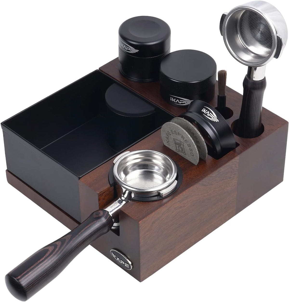 IKAPE V5 Espresso Knock Box, Espresso Coffee Organizer Box Fit for Storage 51, 54, 58MM Espresso Tamper, Distributor, Portafilter &amp; Puck Screen Accessories, Natural Walnut Station Base(9 IN One)