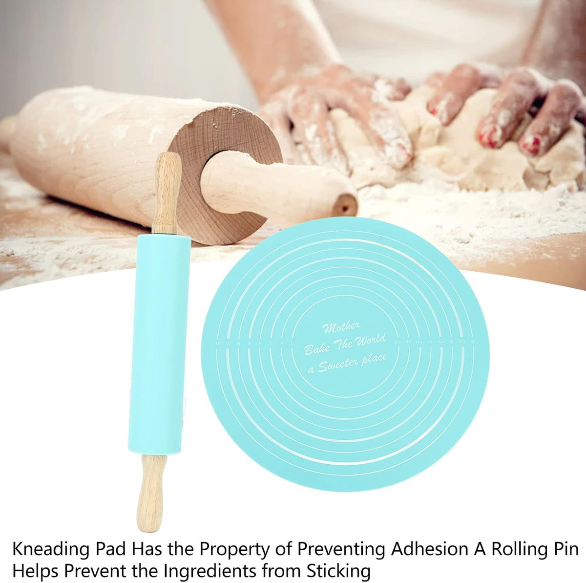 13.2in Rolling Pin Pastry Baking Mat 11.8x1.8in Large Silicone Rolling Pin Kneading Pad Baking Tool for Kitchen Restaurant School Use (Blue)