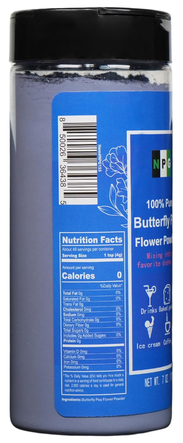 NPG Freeze Dried Blue Butterfly Pea Flower Powder 7 Oz | Natural Blue Color, perfect for lattes, tea, lemonade, smoothies, desserts and baking, caffeine free, vegan, all natural