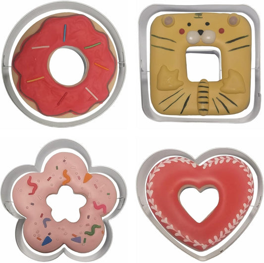 Large Size Donut Design Cookie Cutters Set of 4 pcs, Stainless Steel 4 Shapes Cream-filled Doughnut Fondant Cutter Molds