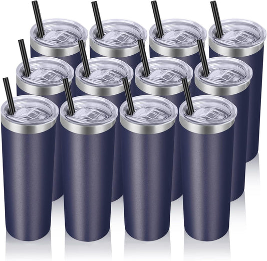 VEGOND Stainless Steel Tumblers Bulk 12 Pack, 20 oz Vacuum Insulated Skinny Tumblers with Lids and Straws, Double Wall