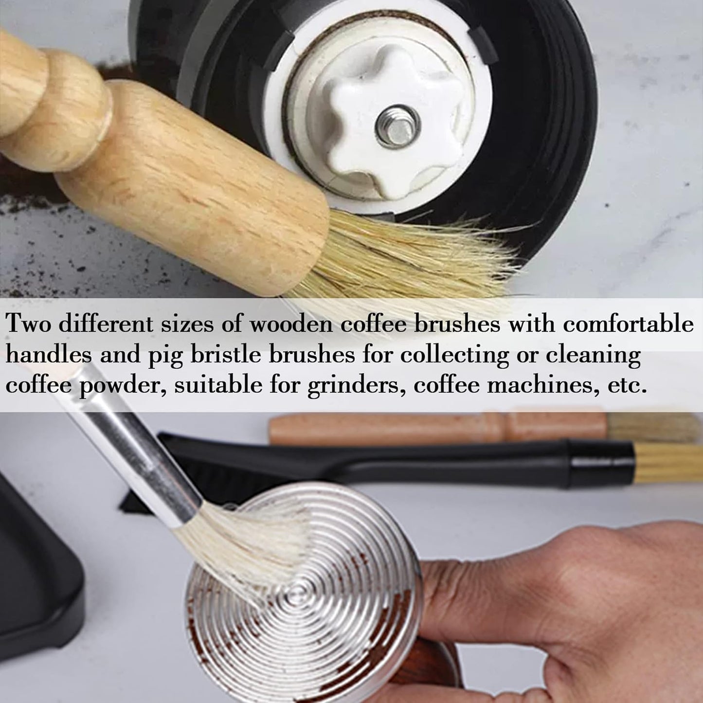 6-piece coffee grinding brush set, coffee grinding natural bristle brush and nylon espresso brush, coffee machine dust removal cleaning brush