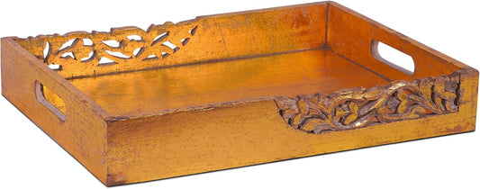 Coffee Table Tray (Distressed Gold) - “Flourish” Wood Serving Tray w/Handles for Breakfast in Bed - Mango Wood Decorative