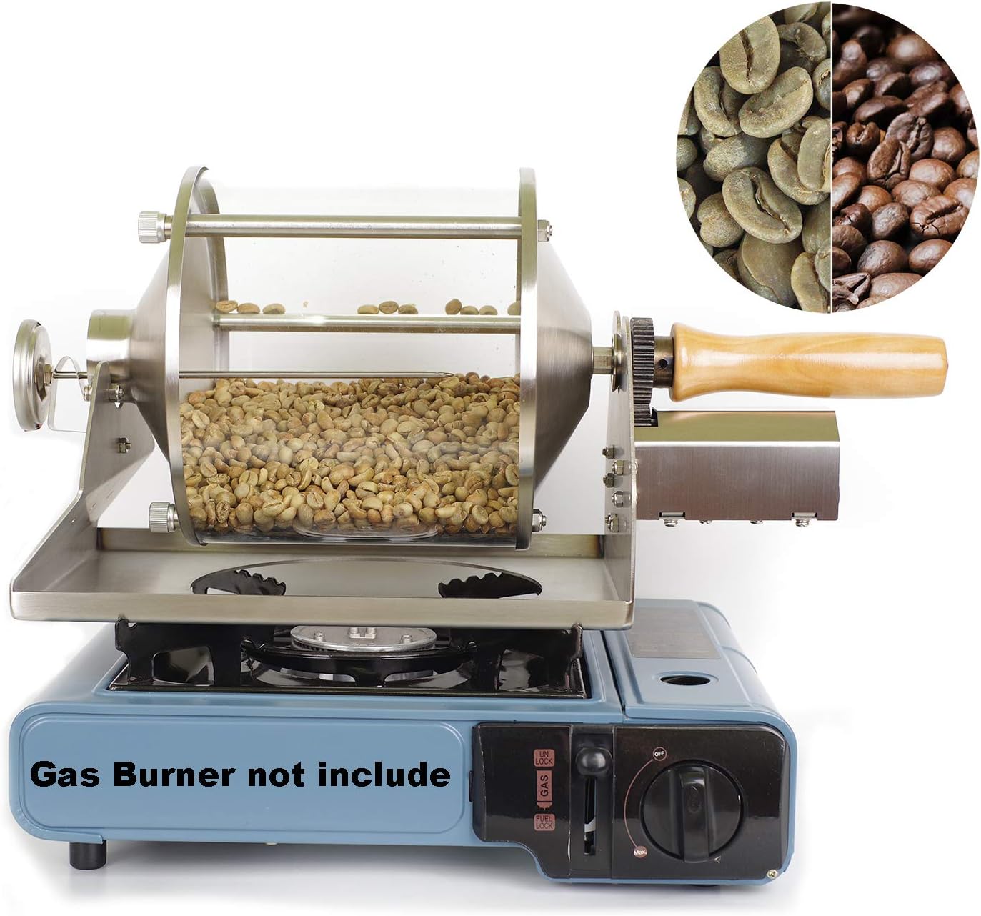Coffee Roaster Gas Burner Coffee Roasting Machine for Home Use, 400g Capacity, Quartz Glass Drum, Stainless Steel Frame, Peanut and Nut Roaster