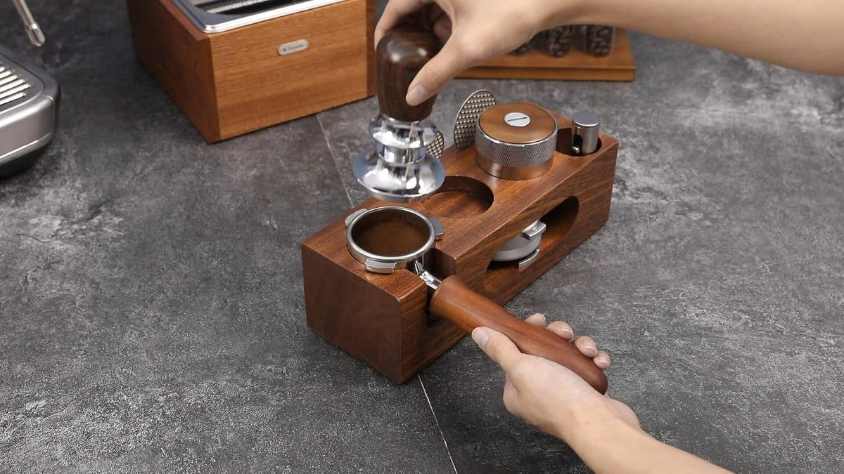 espresso tamping station called Coffee Tamper Station Fit 51 to 54mm Espresso Accessories The tamper holder Or organizer station Adjustable Portafilters Stand Height (7 IN 1)