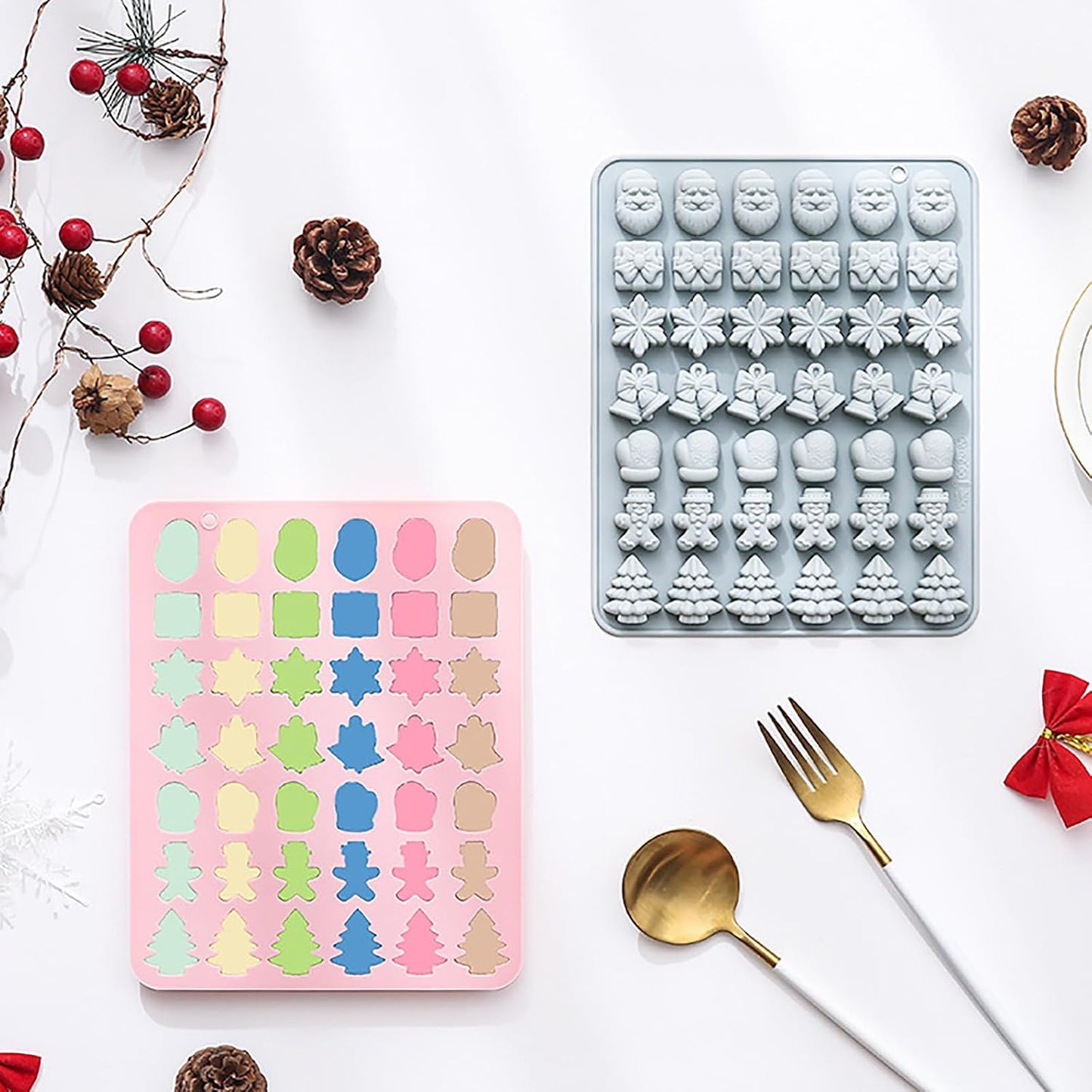2 Pcs Christmas Chocolate Molds, 42-Cavity Silicone Molds Shape Have Santa Clause Christmas Tree Snowflakes Gingerbread Man Bell Gift Box Gloves for Jellies, Candies, Ice Cubes, Wax Melts, Soaps