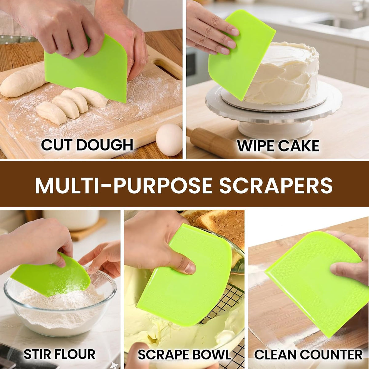 SCHVUBENR Dough Scraper Set with 2 Flexible Bowl Scrapers - Stainless Steel Dough Cutter &amp; Bench Scraper with Measuring Scale - Versatile Kitchen Scraper for Bread, Pastry, Pizza, Cake - Black &amp; Green