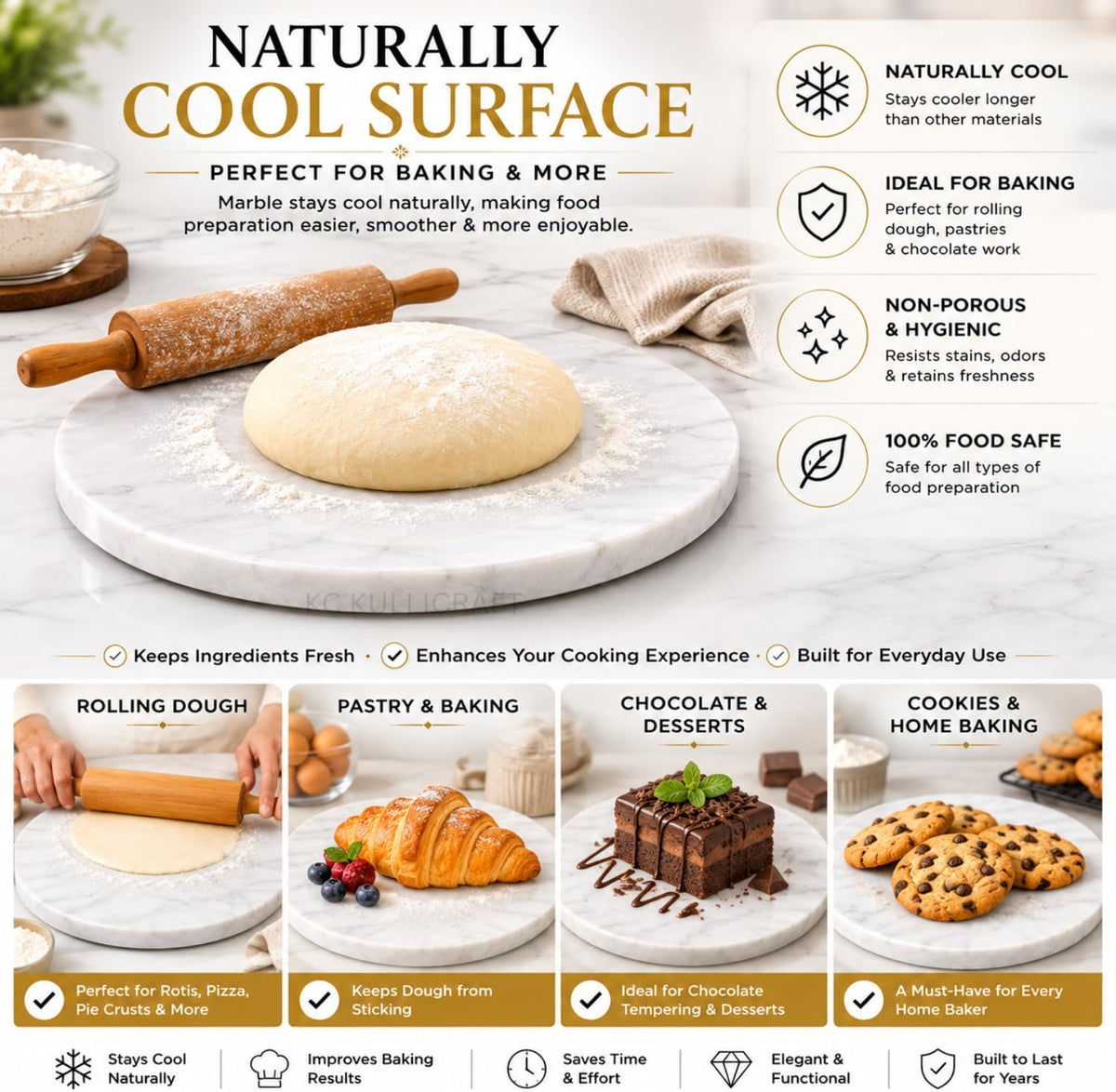 11-Inch Round Marble Cheese Cutting Board, White | Solid Natural Stone, Cutting Board &amp; Charcuterie Serving Tray, Non-Slip Feet, 0.5" Thick, Easy to Clean