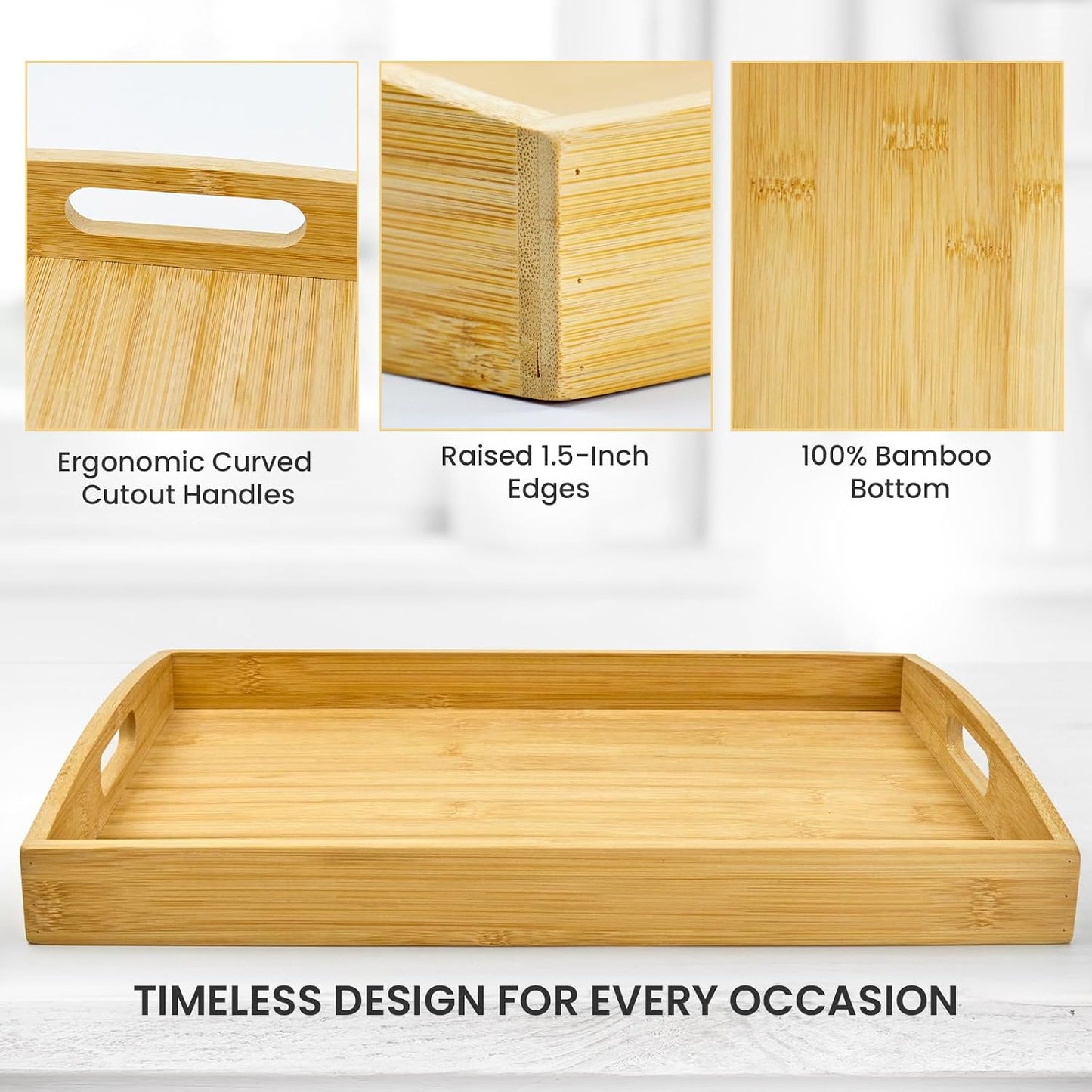 Bamboo Serving Tray Set of 2, Bamboo Trays with Handles | Decorative bamboo serving trays for serving, storage,kitchens, living rooms,bathrooms, outdoor dining 17" × 13" &amp; 16" × 12"