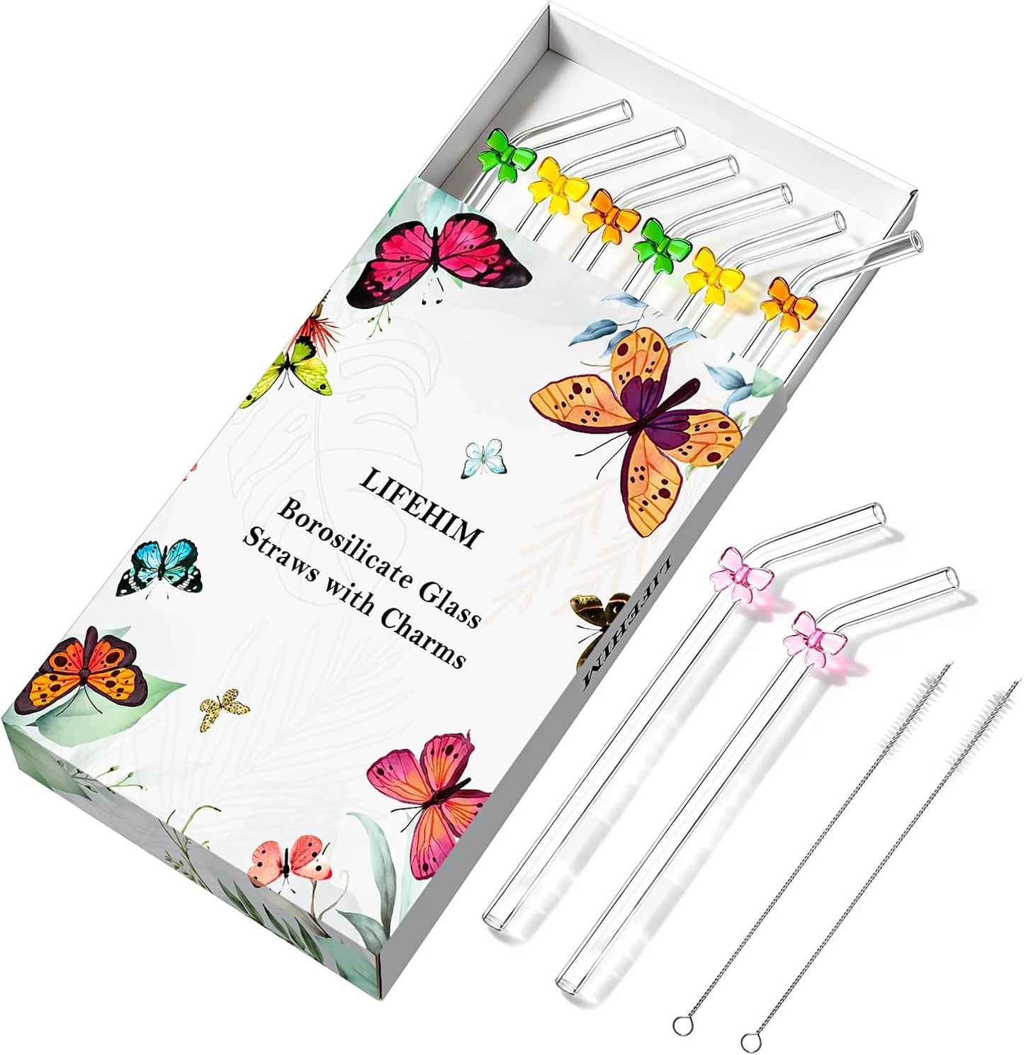 8pack Multicolor Bow Borosilicate Glass Straws with Charms, 9 Inch 8mm Bent | Different bow straws glass help guests identify iced coffee, lemonade and mocktails at birthdays, brunches and cheerful pary