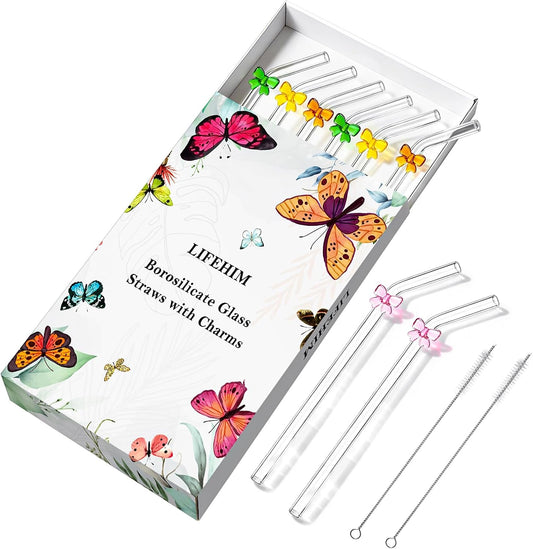 8pack Multicolor Bow Borosilicate Glass Straws with Charms, 9 Inch 8mm Bent | Different bow straws glass help guests identify iced coffee, lemonade and mocktails at birthdays, brunches and cheerful pary