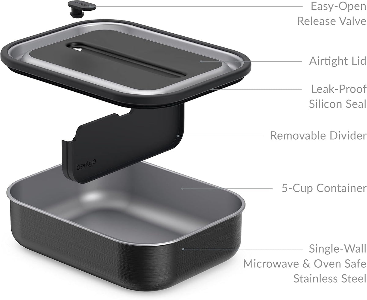 Bentgo MicroSteel Leak-Proof Lunch Box - Microwave-Safe, Oven-Safe, Bento-Style Container with Removable Divider, Airtight Lid, Sustainable Design, Odor & Stain Resistant (Carbon Black)