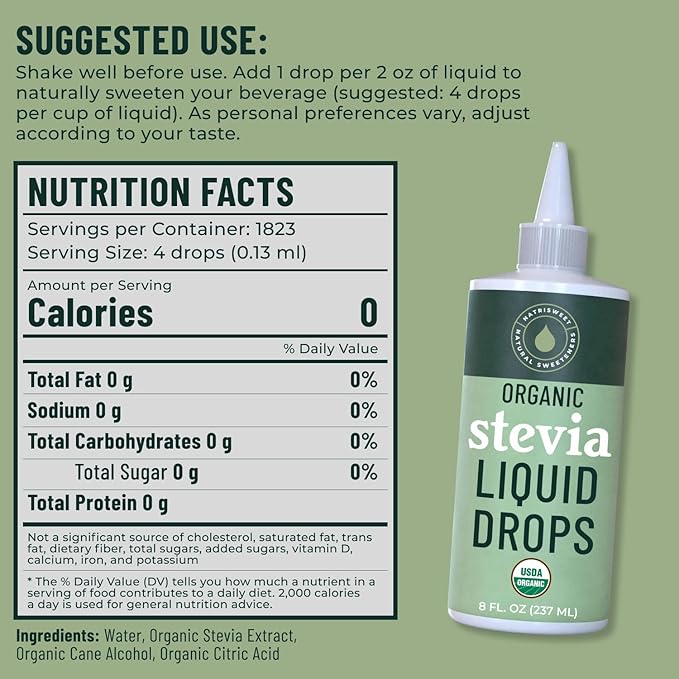 Organic Stevia Liquid Drops, 8 fl oz, Liquid Stevia Sweetener from Stevia Extracts, Zero Calorie Sweetener, Pure Stevia Liquid, Zero Carb Sweetner & Keto Sugar Substitute, 1800+ Servings