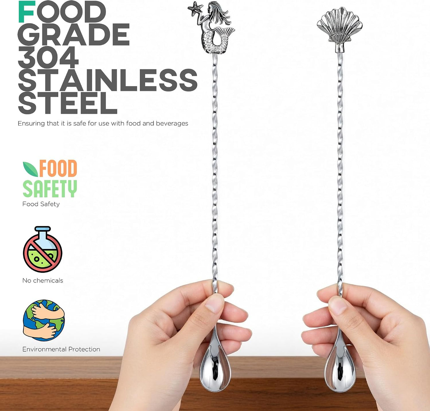 Homestia 12 Inch Bar Spoon, 2 Pcs Cocktail Spoon wIth Mermaid Shell Decor | Dirty Soda Bar Supplies, Stainless Steel Coffee Bar Use, Mixing &amp; Layering Drink Stirrer, Long Spoon for Bartending Stirring