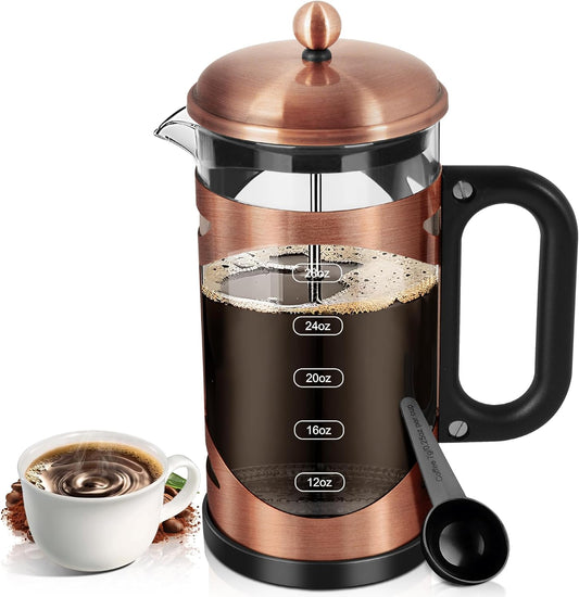 34 Ounce French Press Coffee Maker Copper Stainless Steel Coffee Press, with 4-Level Filter System, Heat Resistant Thickness Borosilicate Glass, BPA-Free Brewed Coffee Pot for Camping Gifts
