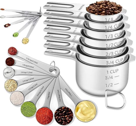 21PCS Measuring Cups and Spoons Set, Include 7 Nesting Measuring Cups, 9 Measuring Spoons and 5 Mini Spoons, Stainless Steel