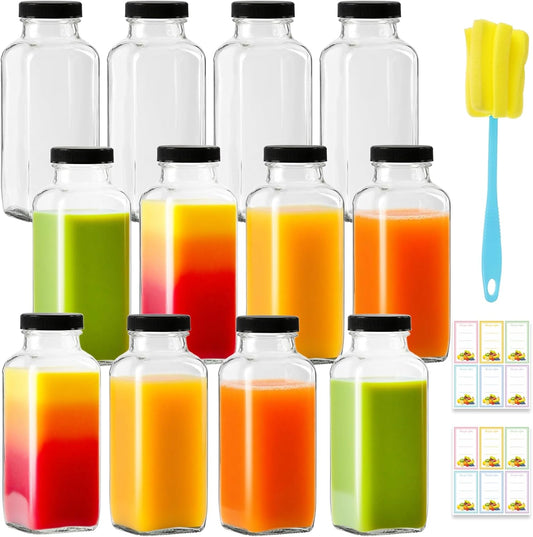 12 Pack 12oz Glass Drink Bottles with Lids, 360ml Vintage Glass Water Bottles with Caps, Reusable Juice Containers Drinking