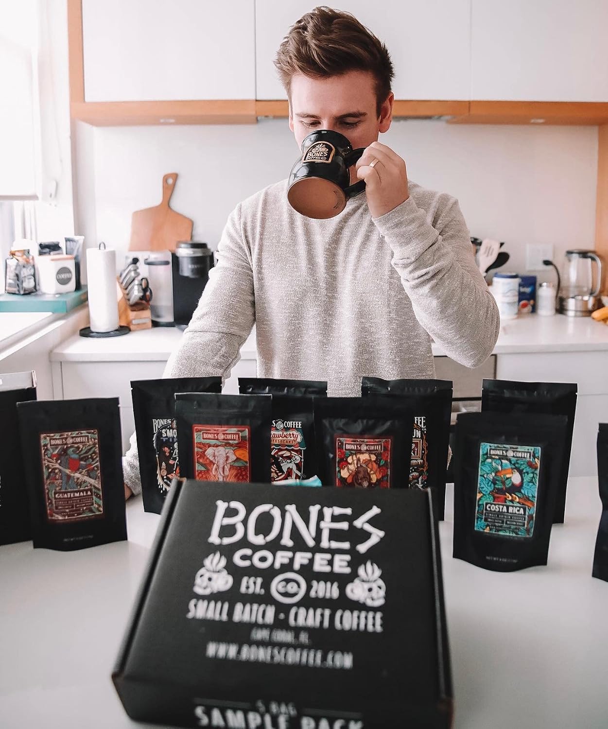 Bones Coffee Company High Voltage, Highly Caffeinated Unflavored Coffee, Medium Roast Low Acid Arabica Beans Compatible with Auto drip and French Press Coffee Maker, 12 Oz Ground