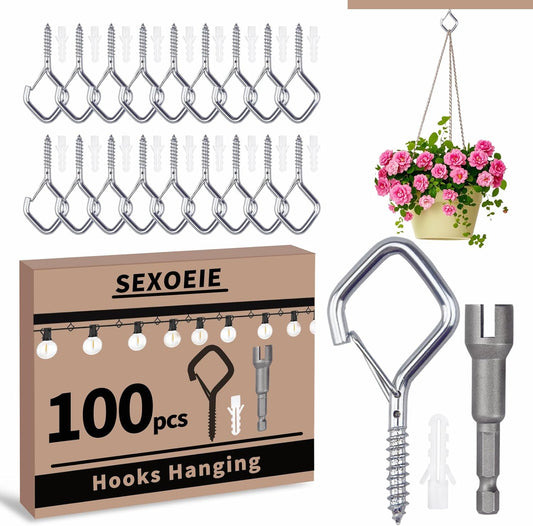 100 PCS Silver Eye Screw Hooks for Hanging Heavy Duty with Safety Buckle.Metal Ceiling Hooks for Hanging Plants Cup Wind