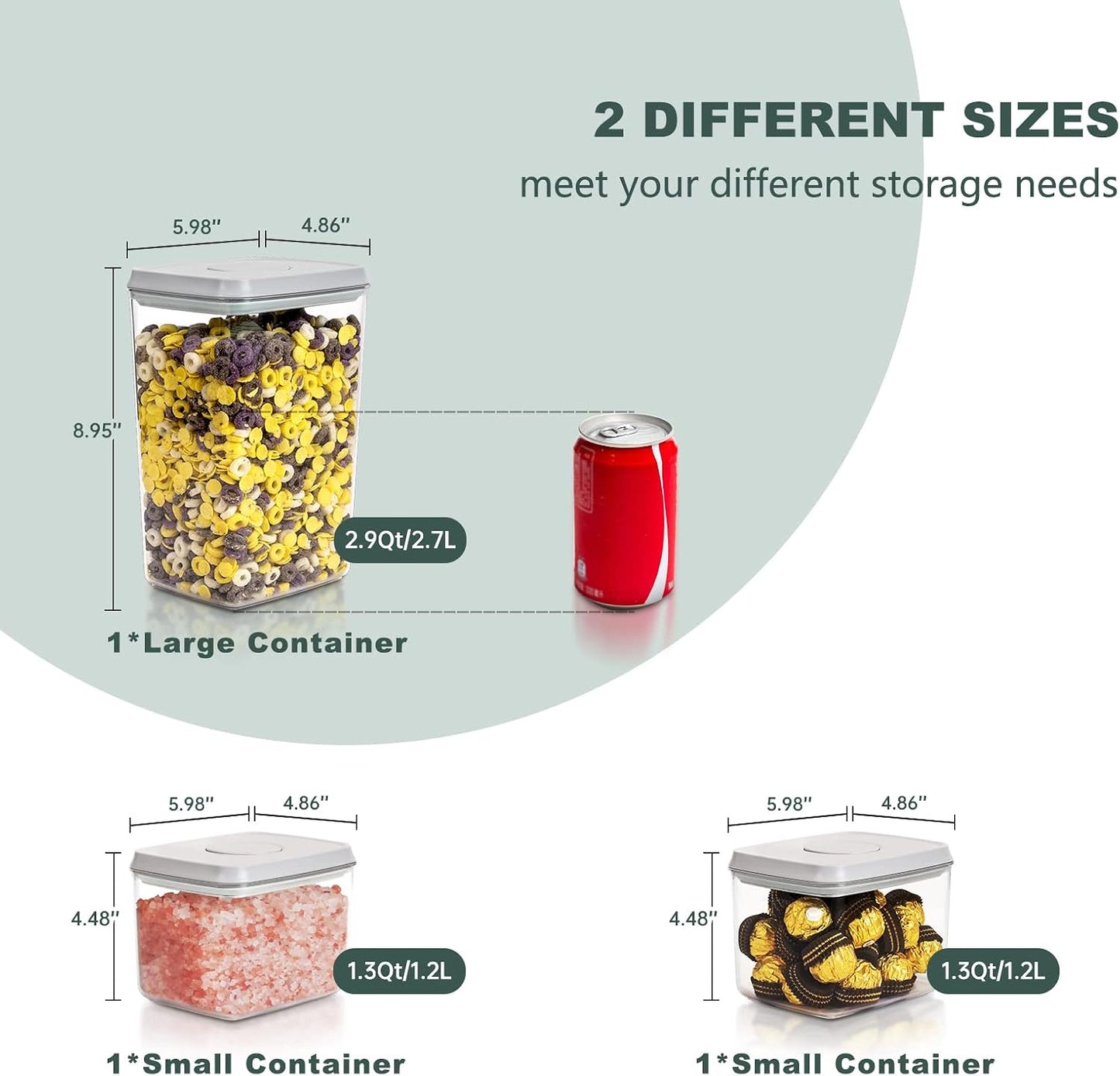Pop Top Airtight Food Storage Containers, 3 Pack, 1.3Qt x2 + 2.9Qt