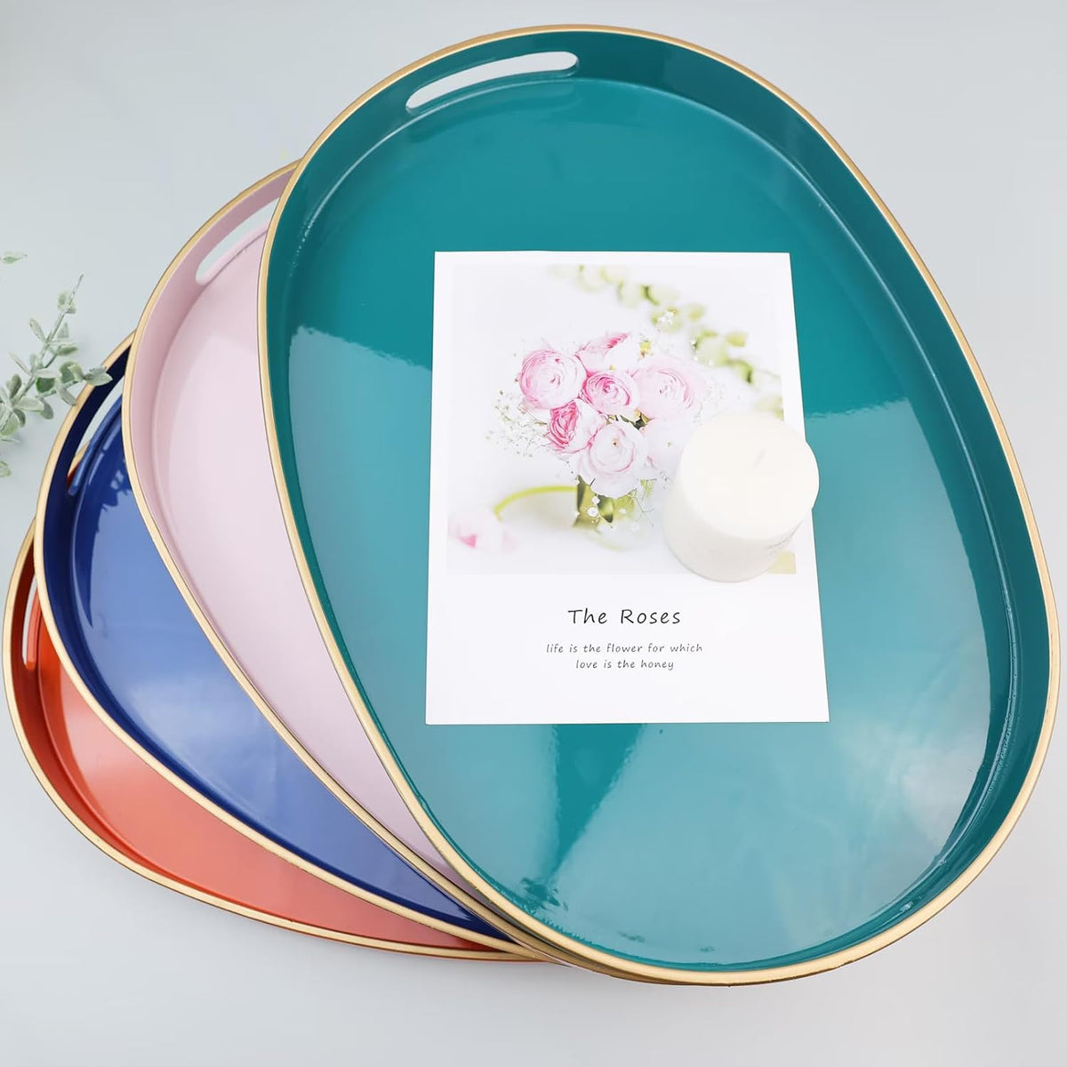 Orange Oval Decorative Tray with Handles, Versatile Serving Tray for Coffee Table, Ottoman, Ideal for Serving, Displaying, Organizing | Versatile Serving Tray for Displaying, Organizing, 15.3*10.6"*1.37"