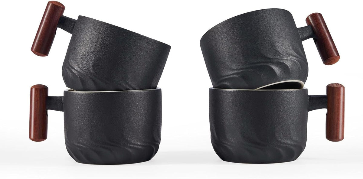 2.5oz Ceramic Espresso Cups with Wooden Handle, Small Coffee Cups Double Shot Espresso Cups Set of 4, WG025