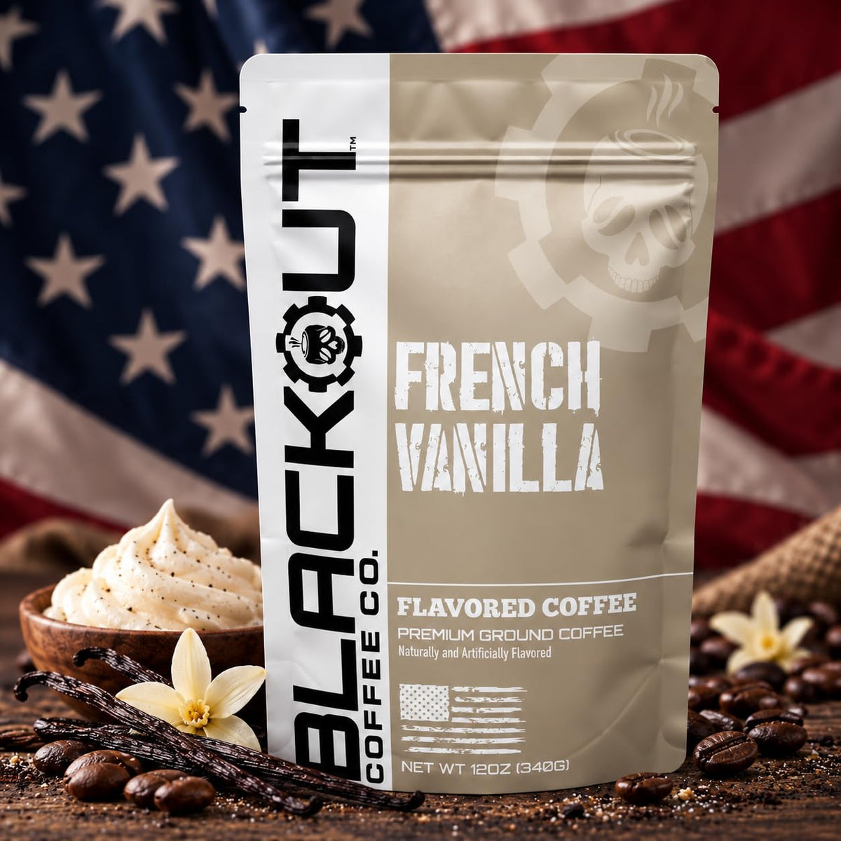 Blackout Coffee Ground Coffee – Freshly Roasted 12oz Bag. (French Vanilla, Medium Roast)