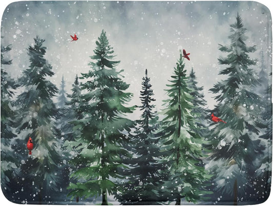 Christmas Tree Dish Drying Mat for Kitchen Counter Winter Pine Tree Dish Drying Mat 18x24 Inch Red Bird Christmas Dish