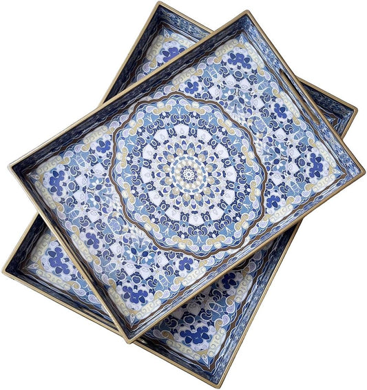 Boho Decorative Tray, Modern Blue Serving Tray with Handles, Ottoman Trays Set of 2, Plastic Coffee Table Tray for Living