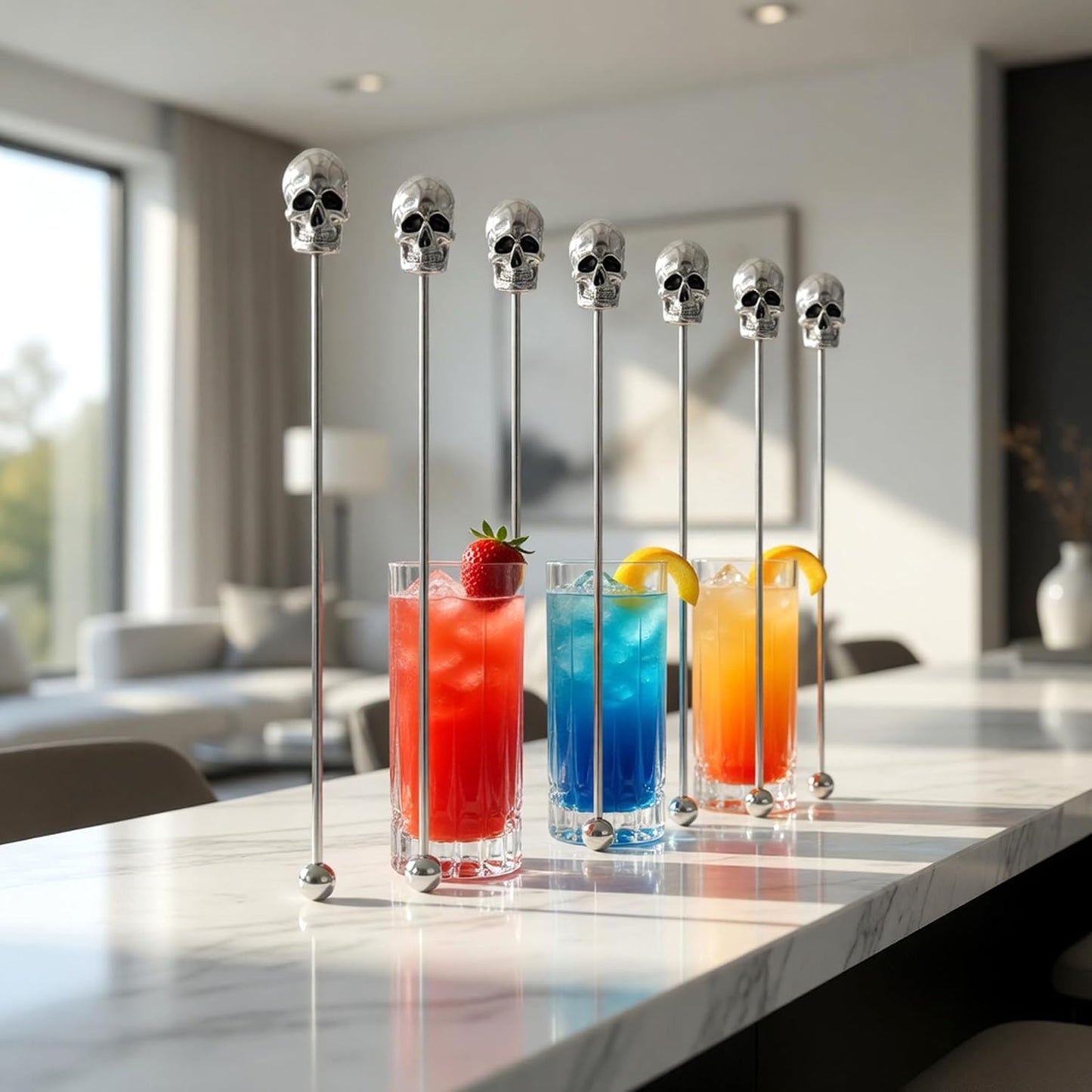 Homestia 6 Pcs 7.5'' Metal Stir Sticks, Cocktail Stirrers, with Skull Decor | Reusable Stainless Steel Coffee Stirrers, Gothic Skull Beverage Drink Stirring Mixer Tools for Halloween Party Bars Home Use