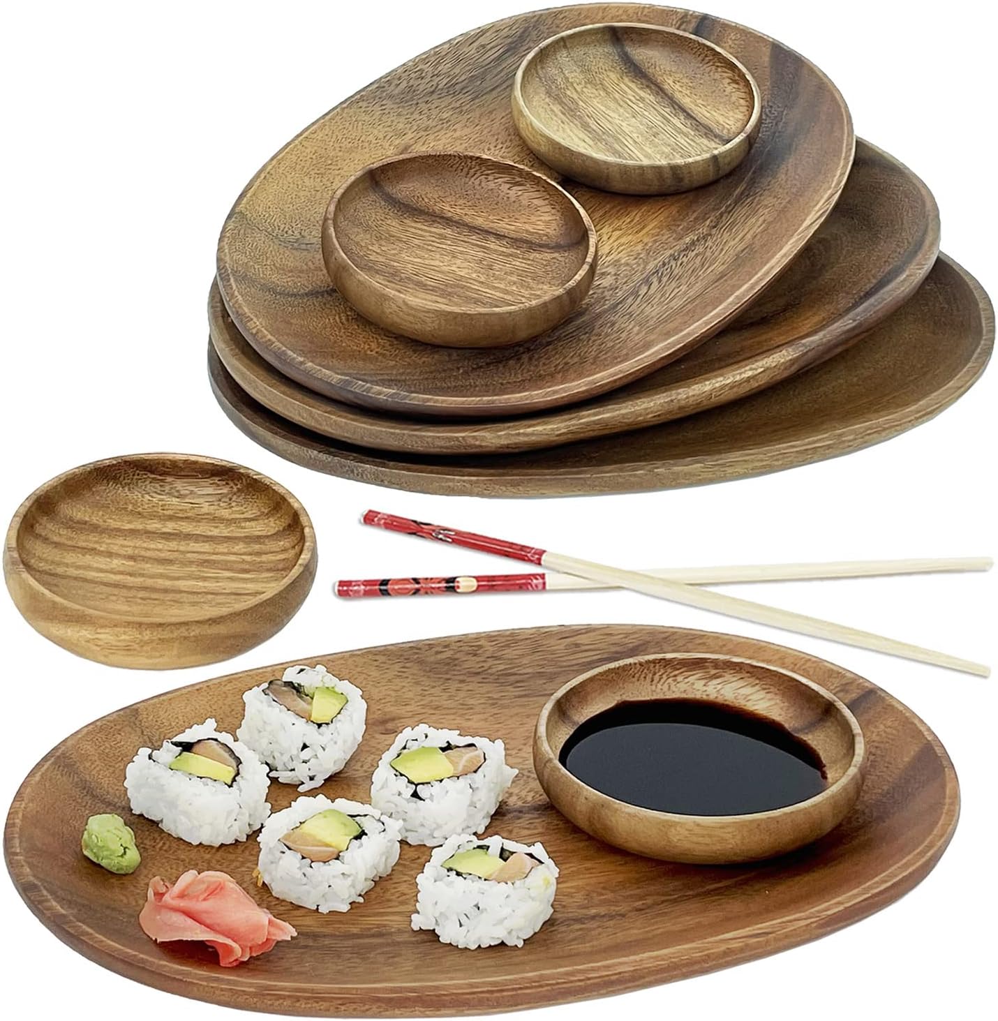Woodard &amp; Charles Acacia Wood 12" Oval Tray with Dip Bowls, 8 Piece Set | 4 Acacia Wood Serving Trays and Bowls; Serve Appetizers, Sandwiches and Hors d'Oeuvres. Ideal for Parties and Entertaining
