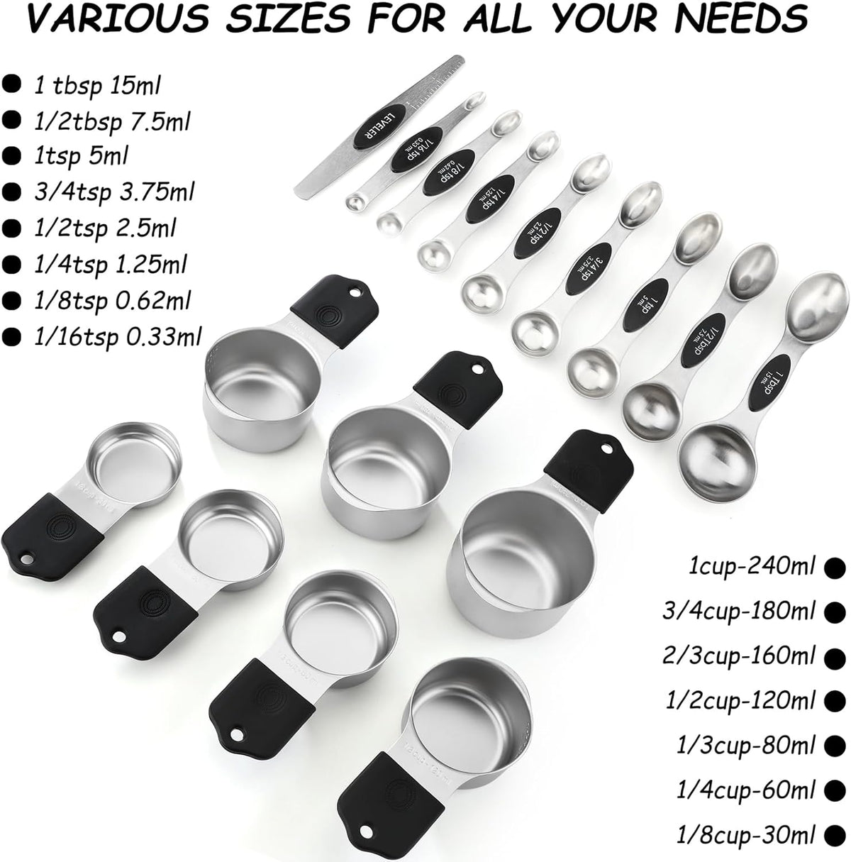 Magnetic Measuring Cups and Spoons Set Stainless Steel Stackable 7 Magnetic Metal Measuring Cup 8 Magnetic Measuring Spoon with Leveler for Dry Liquid Ingredient