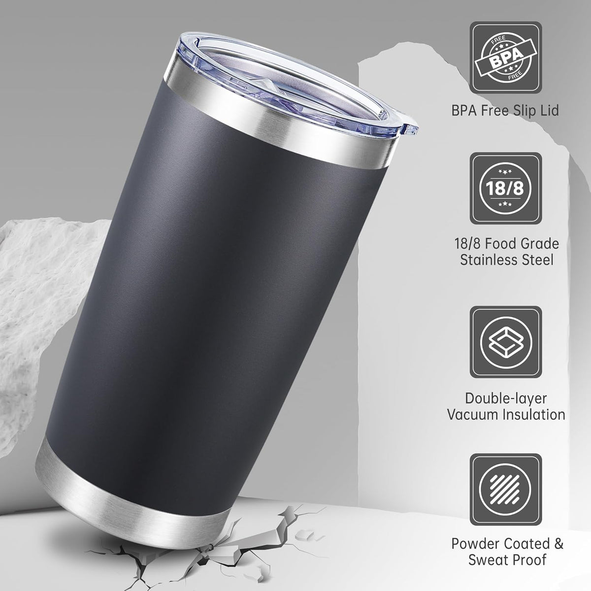 20 oz Tumbler Stainless Steel Tumblers with Lid Double Wall Vacuum Insulated Coffee Mug 20oz Powder Coated Cup for Hot and Cold Drinks, Black, 1 pack