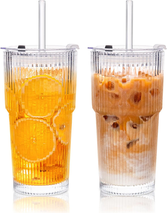 KEMORELA 2-Pack Ribbed Glass Tumblers with Lids & Straws – Vintage Iced Coffee Cups, Reusable Smoothie & Cocktail Drinking
